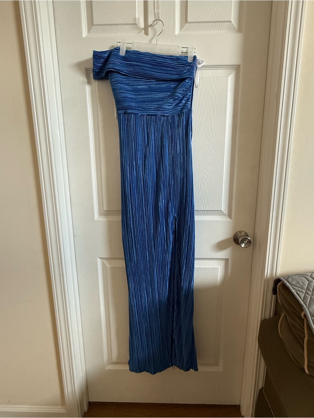 Blue Plisse Off One Shoulder Maxi Dress